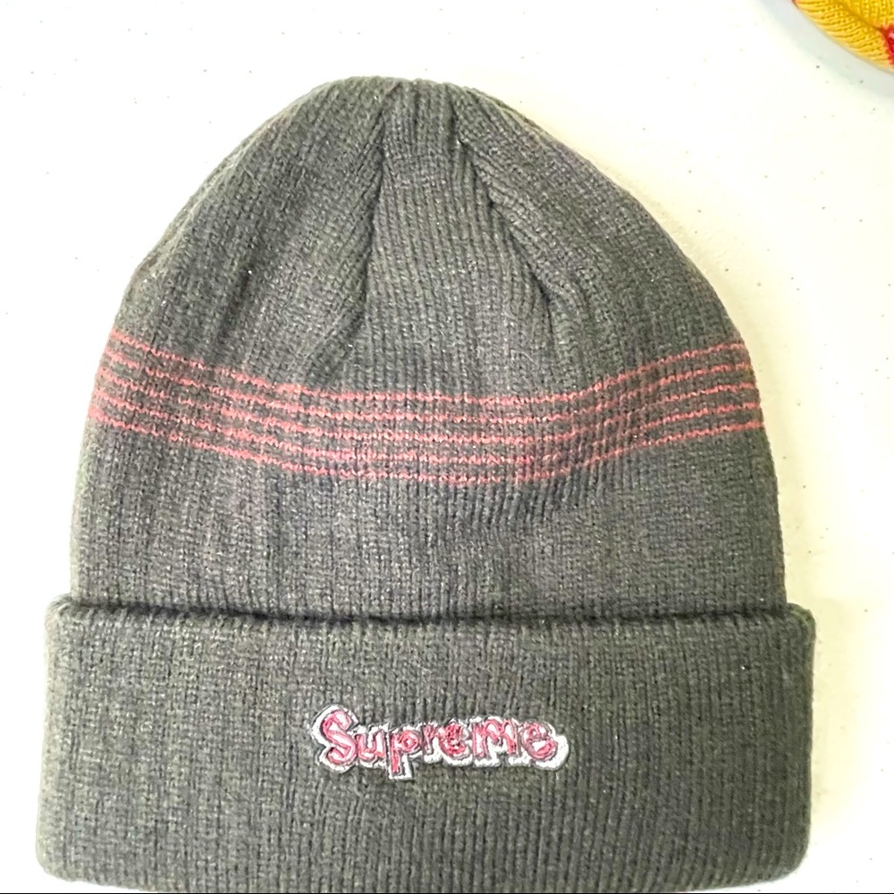 Supreme Gonz Logo Embroidered Striped Beanie Mens Cap
